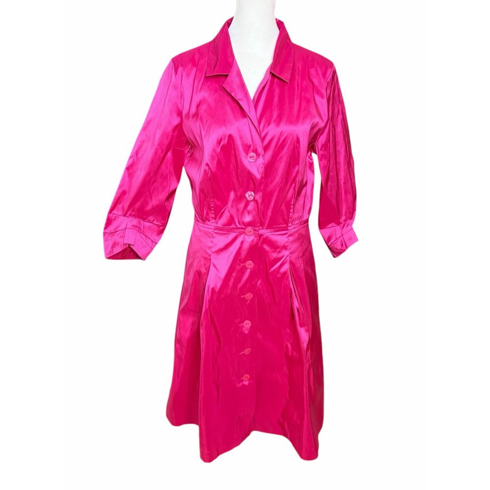 RODIKA Vibrant Pink 100% Silk Collared Fit and Flare Dress